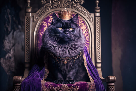 Royal Black Cat With Purple Robes. Generative AI