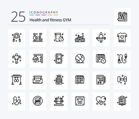 Gym 25 Line icon pack including exercise. gym. drink. cycle. bicycle