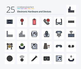 Devices 25 Line Filled icon pack including entertainment. phone. battery. mobile. call