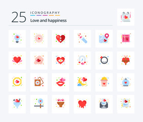 Love 25 Flat Color icon pack including love. wedding. heal. tube. lab