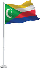 Isolated waving national flag of Comoros on flagpole