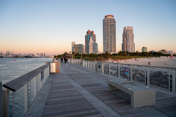 South Point Pier and entrance to Port Miami in Miami Beach, Florida in early morning light on clear cloudless sunny day.