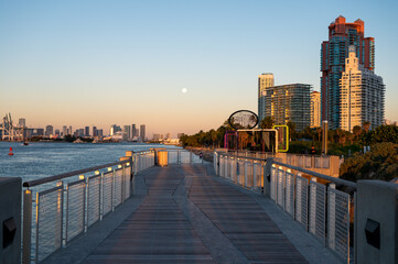 South Point Pier and entrance to Port Miami in Miami Beach, Florida in early morning light on clear cloudless sunny day.