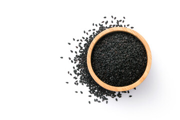 Black sesame seeds in wooden bowl with floor isolated on white background , top view , flat lay.