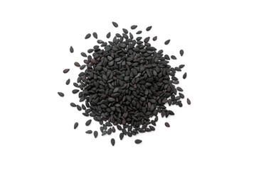 Pile of black sesame seeds  isolated on white background , top view , flat lay.