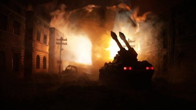 Rocket launch with fire clouds. Battle scene with rocket Missiles with Warhead Aimed at Gloomy Sky at night. Soldiers and Rockets War Backgound. Selective focus