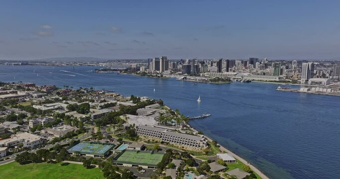 San Diego California Aerial v56 cinematic drone flyover coronado tidelands park and waterfront marriott spa resort with downtown cityscape and bay views - Shot with Mavic 3 Cine - September 2022