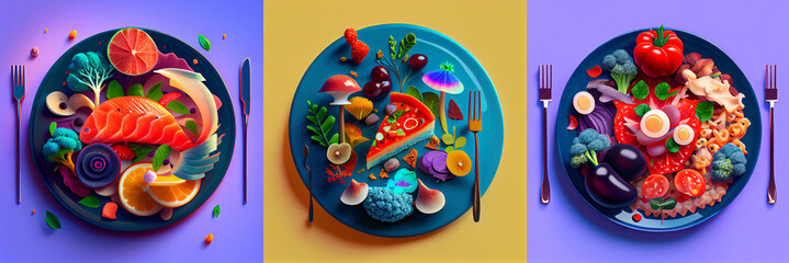 Colorful illustration of plate with red fish, pizza and pie. Floral elements on isolated background, collection