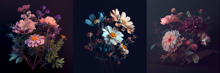 Obraz premium Dark tone illustration of beautiful flowers buquet, isolated composition, collection