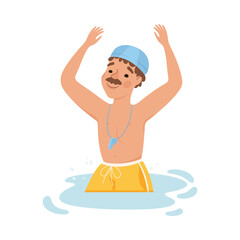 Man Instructor in Swimming Pool in Cap with Whistle Vector Illustration