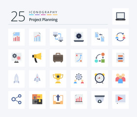 Project Planing 25 Flat Color icon pack including file. archive. sharing. setting. laptop