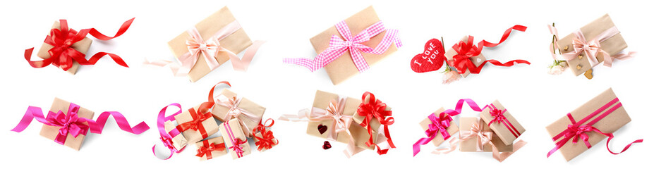 Many gifts for Valentine's Day isolated on white, top view
