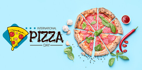 Delicious pizza and ingredients on light blue background. Banner for National Pizza Day