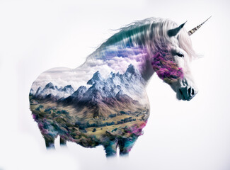 Unicorn and the Scottish Highlands, double exposure style photography. Generative AI