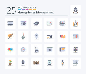 Gaming Genres And Programming 25 Flat Color icon pack including strategy. game. software. performance. machine