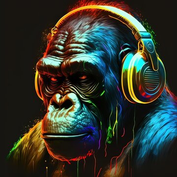 Gorilla wearing headphones. generative AI