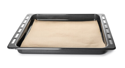 Metal baking tray for oven with parchment paper on white background