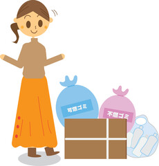 ゴミの仕分けをしている主婦のイラスト・資源ゴミ・環境問題・エコ・