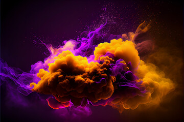 Purple neon and yellow multicolored smoke puff cloud design elements on a dark background - generative ai
