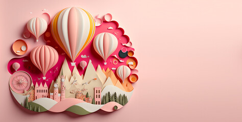 Concept banner travel Cappadocia Turkey, style illustration layered paper. Amazing colorful hot air balloon. Generation AI