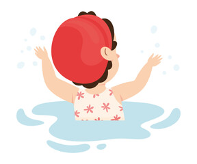 Happy Girl in Swimming Pool Wearing Cap Splashing in Water Back View Vector Illustration