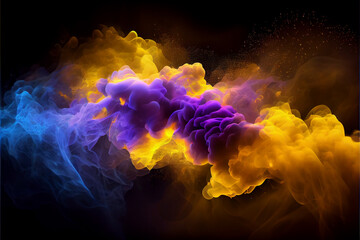 Neon blue and periwinkle multicolored smoke puff cloud design elements on a dark background - generative ai