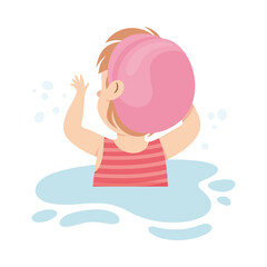 Happy Girl in Swimming Pool Wearing Cap Splashing in Water Back View Vector Illustration