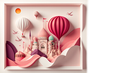Concept banner travel Cappadocia Turkey, style illustration layered paper. Amazing colorful hot air balloon. Generation AI