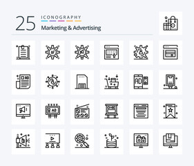 Marketing And Advertising 25 Line icon pack including big data development. marketing. announcement. banner. advertising