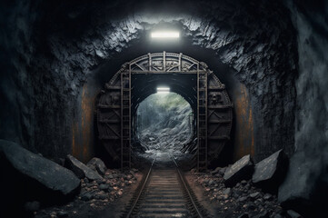 Fototapeta premium Abandoned coal mine, dark tunnel with trolley tracks. Generation AI