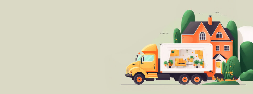 Concept transportation of building wooden house, service machine carries out move. Minimalism illustration, Generation AI