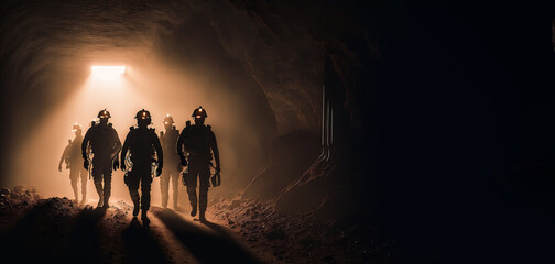 Banner mining working. Silhouette of Miners with headlamps entering underground coal mine. Generation AI - obrazy, fototapety, plakaty