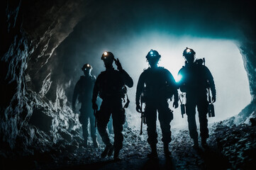 Fototapeta Silhouette of miners with headlamps entering underground coal mine. Generation AI obraz