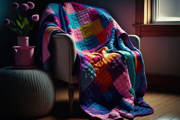a chair with a colorful blanket. Generative AI