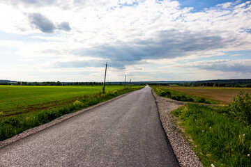 Fototapeta na wymiar Asphalt road receding into the distance, flat landscape in the countryside