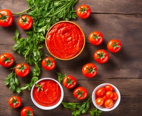 tomato ketchup sauce and ingredients on a wooden background. top view.