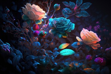 blossoming roses. Generative AI - obrazy, fototapety, plakaty