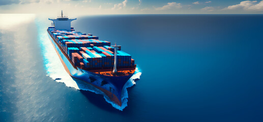 Banner Aerial top view of cargo maritime ship with container in water ocean. Concept export, import logistic shipping. Generation AI