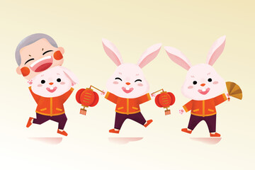 Character of rabbits. Cute rabbits wearing Chinese costume for Chinese New Year traditional. Happy Chinese New Year. Lunar New Year.