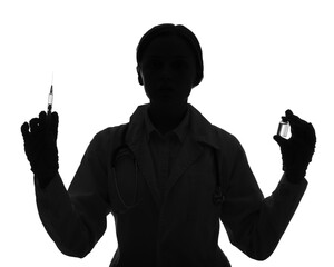 Silhouette of female doctor with syringe and ampule on white background