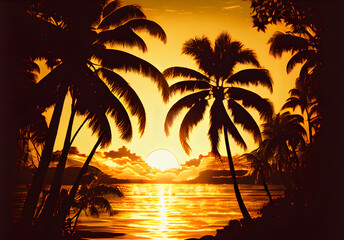 sunset over the sea with palm trees, generative ai