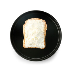Plate of toast with cream cheese on white background