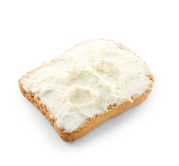 Toast with tasty cream cheese on white background