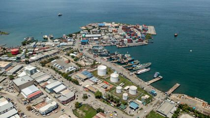 Aerial view of the seaport and wharves in Honiara.