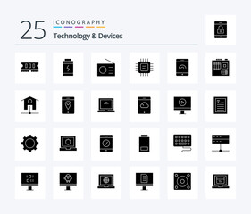 Devices 25 Solid Glyph icon pack including hardware. touch. radio. mobile. devices