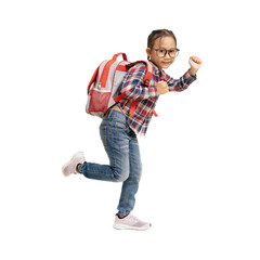 School girl, Happy Asian student school kid with backpack and walking, Full body portrait isolate background 