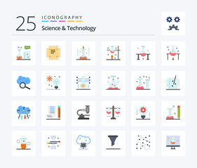 Science And Technology 25 Flat Color icon pack including cloud service. cloud computing. motherboard. science lab. science