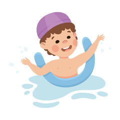 Happy Boy in Swimming Pool Wearing Cap Splashing in Water with Noodle Vector Illustration