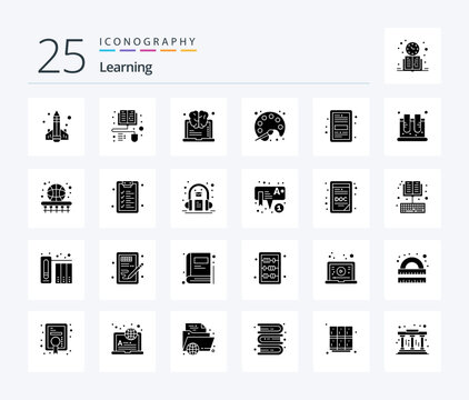 Learning 25 Solid Glyph icon pack including ebook. learning. brain. streamline. painting