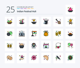 Holi 25 Line Filled icon pack including music. paint bucket. light. color. oil lamp